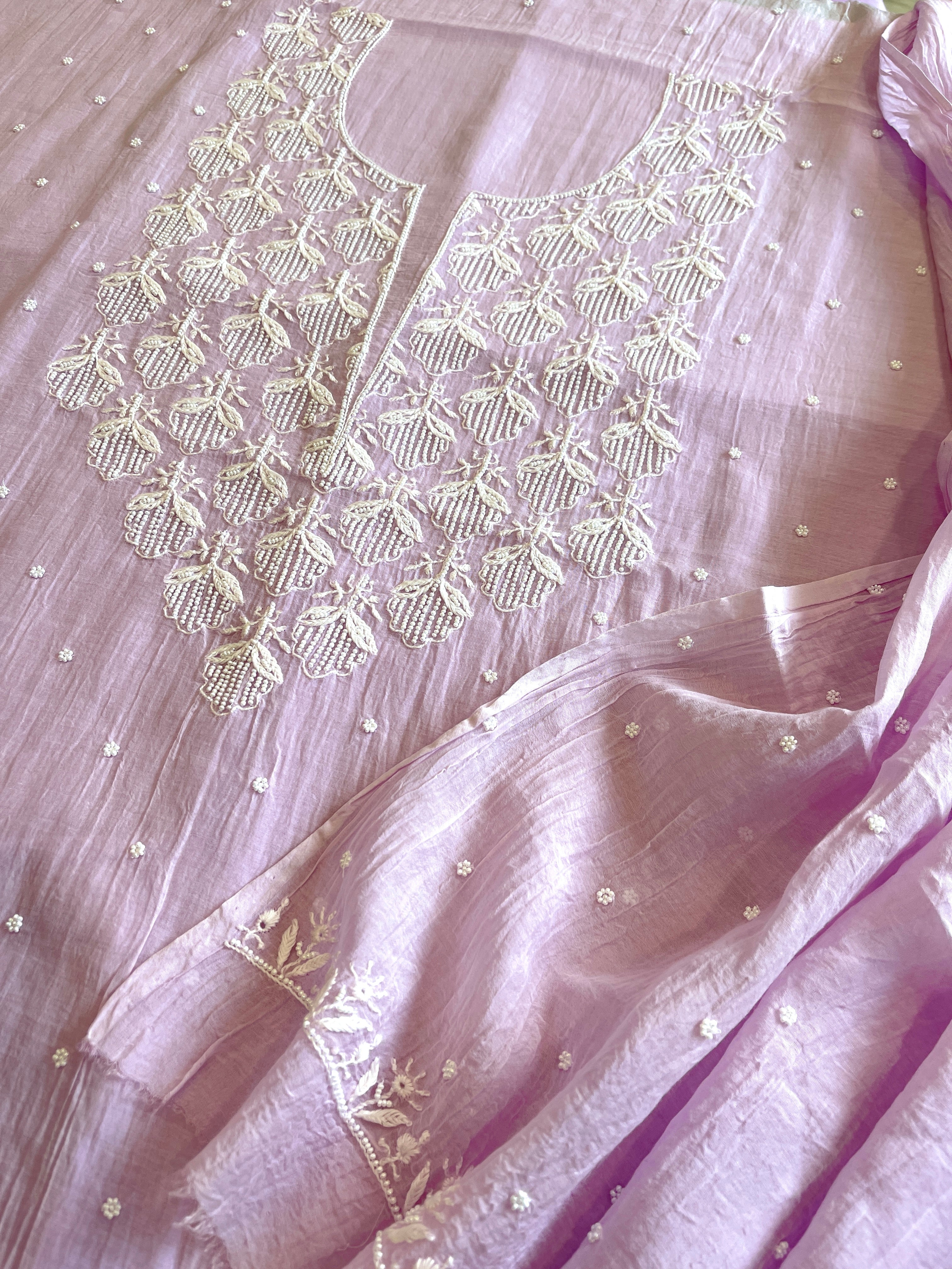 Lavender Suit Set with Lucknowi & Pearl Handwork in Pure Mul Chanderi - Masakalee