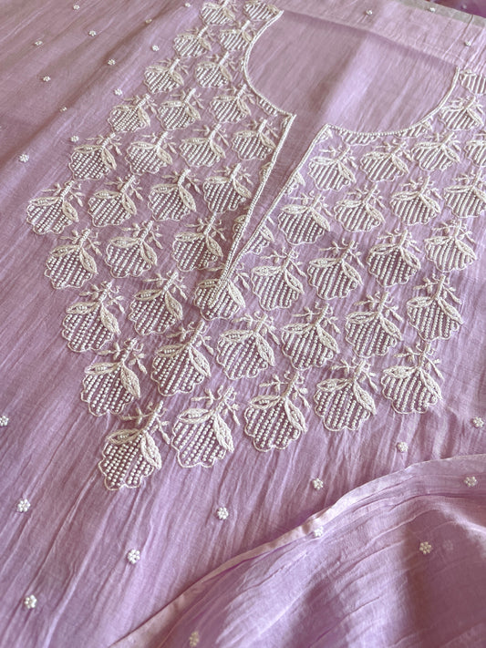 Lavender Suit Set with Lucknowi & Pearl Handwork in Pure Mul Chanderi - Masakalee