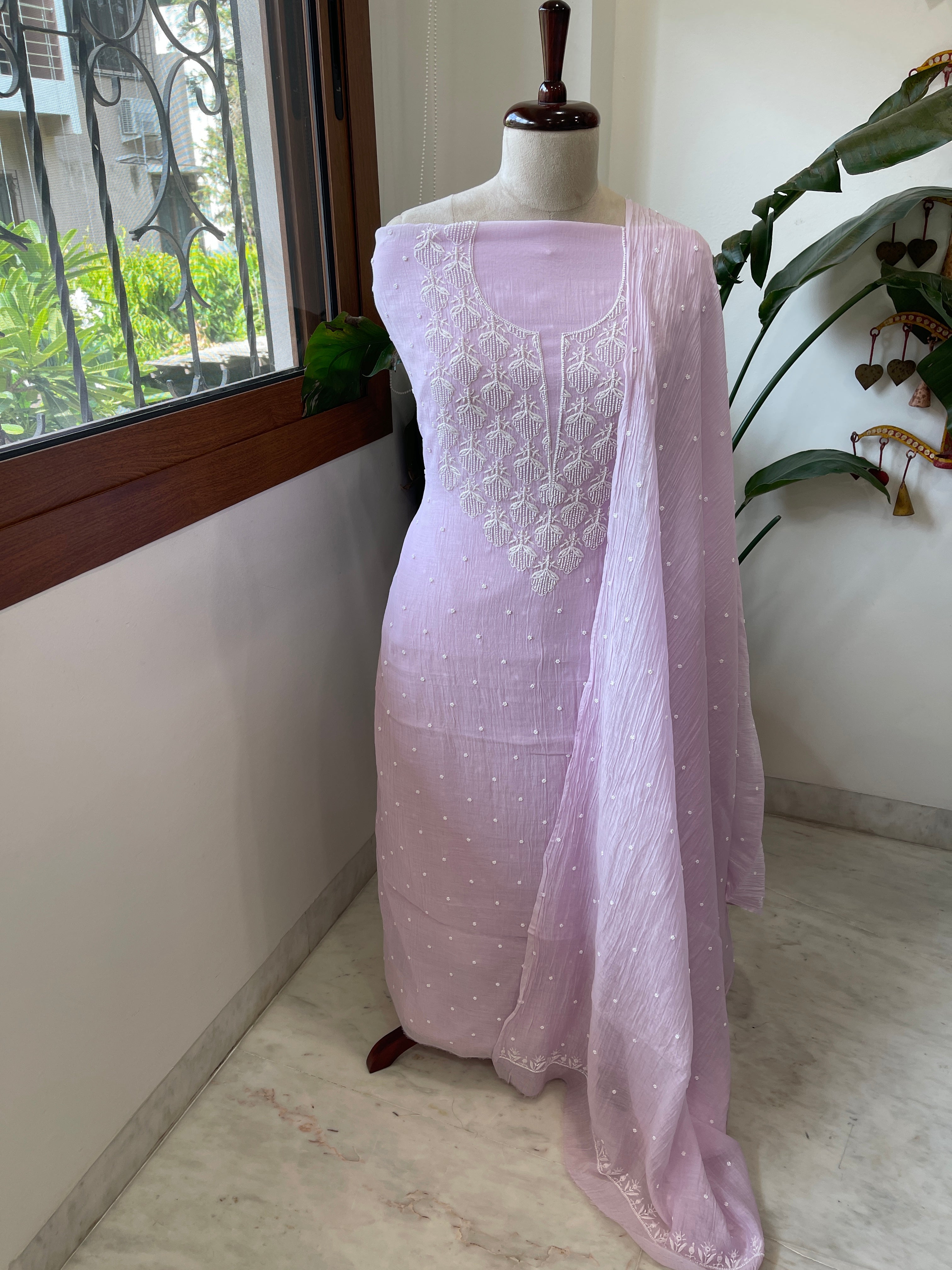 Lavender Suit Set with Lucknowi & Pearl Handwork in Pure Mul Chanderi - Masakalee