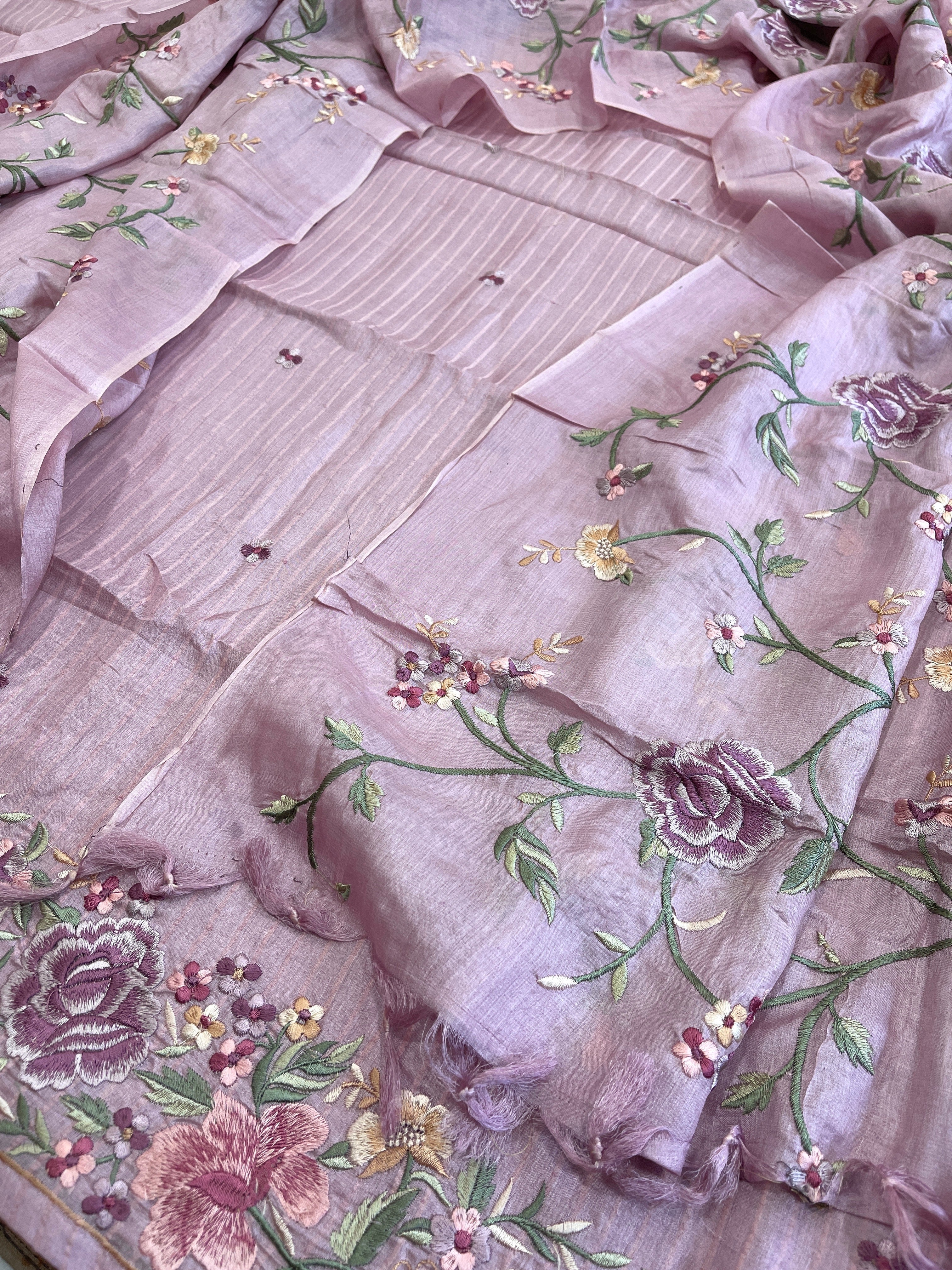 Lavender Suit Set with Parsi Gara Embroidery in Pure Tussar Silk - Masakalee