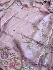 Lavender Suit Set with Parsi Gara Embroidery in Pure Tussar Silk - Masakalee