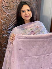 Lavender Suit Set with Parsi Gara Embroidery in Pure Tussar Silk - Masakalee