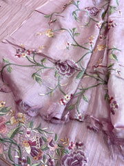 Lavender Suit Set with Parsi Gara Embroidery in Pure Tussar Silk - Masakalee