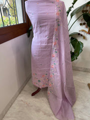 Lavender Suit Set with Thread Embroidery in Mul Chanderi - Masakalee