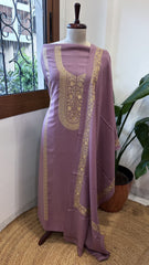 Lavender Winter Suit Set with Aari Work in Pashmina Wool - Masakalee