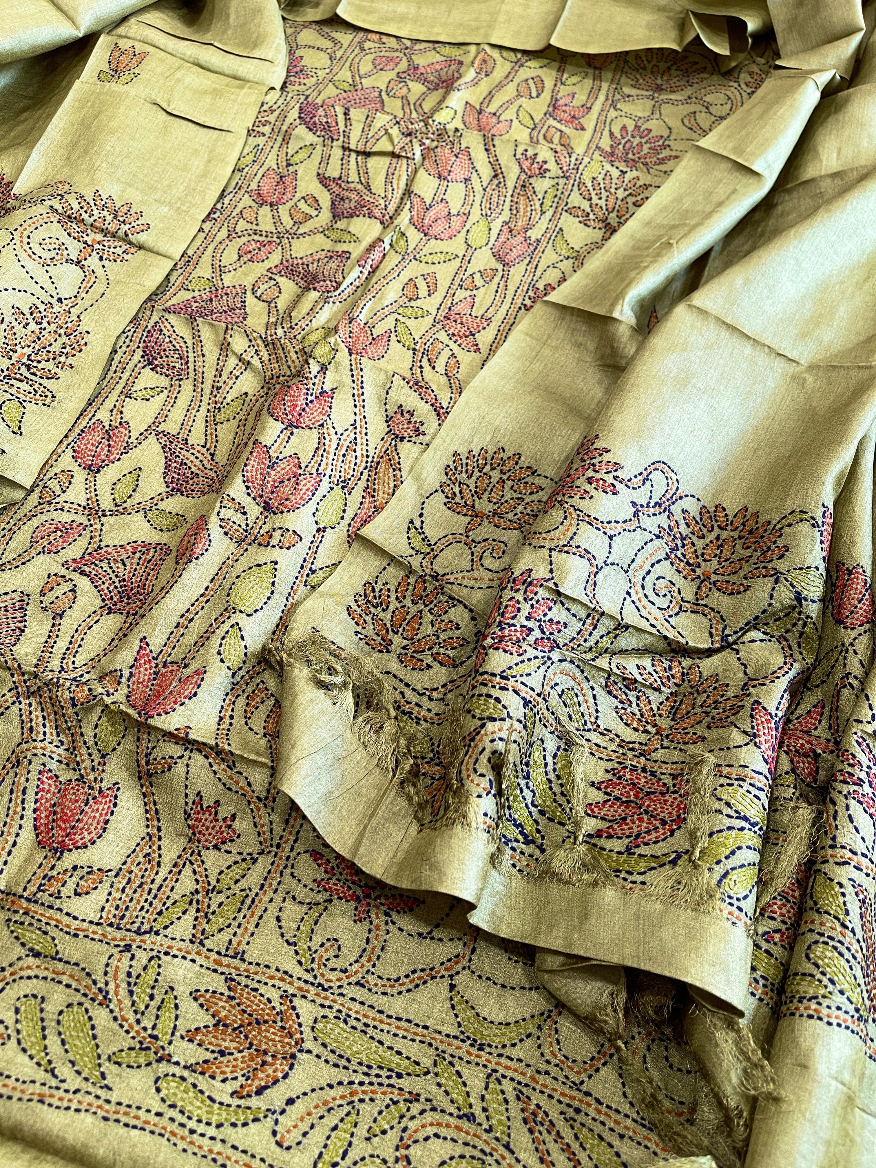 Leaf Green Suit Set with Kantha Handwork in Pure Tussar Silk - Masakalee