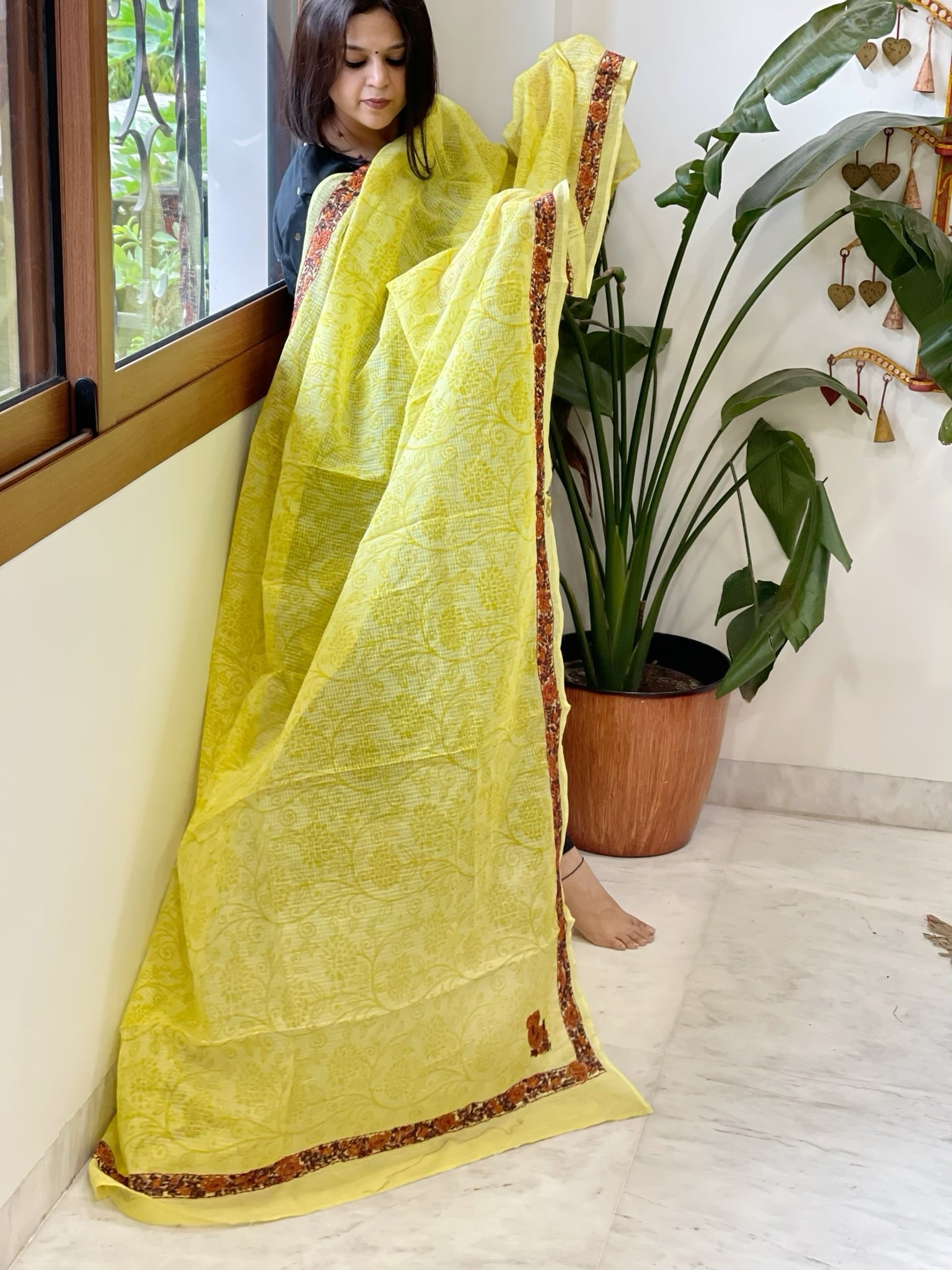 Lemon Yellow Kota Cotton Dupatta with Kantha Hand Embroidery - Masakalee