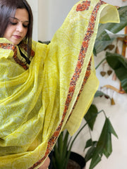 Lemon Yellow Kota Cotton Dupatta with Kantha Hand Embroidery - Masakalee