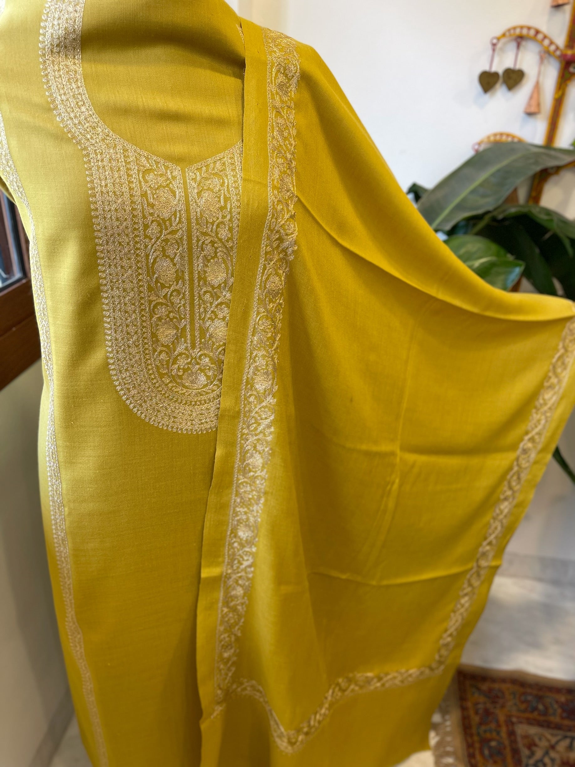 Lemon Yellow Winter Suit Set with Aari Work in Pashmina Wool - Masakalee