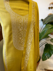 Lemon Yellow Winter Suit Set with Aari Work in Pashmina Wool - Masakalee