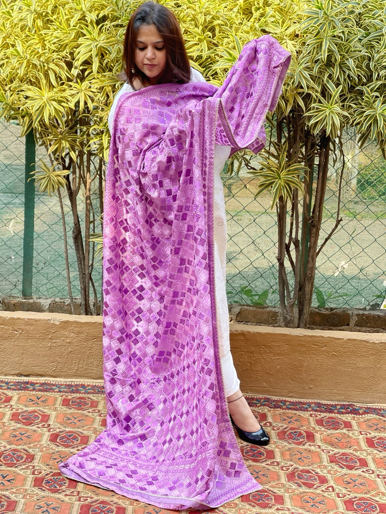 Lilac Designer Phulkari Dupatta in Chinon - Masakalee