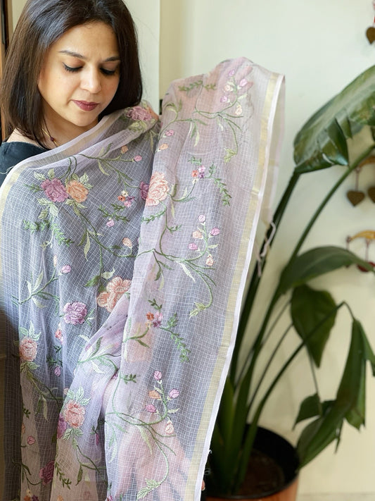 Lilac Kota Cotton Dupatta with Thread Embroidery - Masakalee