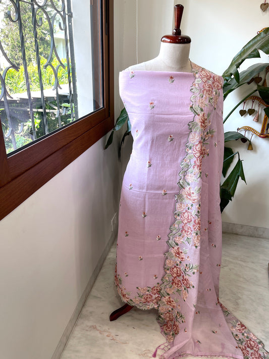 Lilac Suit Set with Cross - Stitch Embroidery in Pure Mul Chanderi - Masakalee