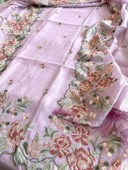 Lilac Suit Set with Cross - Stitch Embroidery in Pure Mul Chanderi - Masakalee