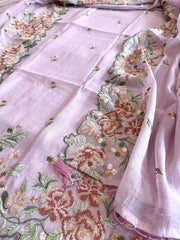 Lilac Suit Set with Cross - Stitch Embroidery in Pure Mul Chanderi - Masakalee