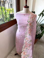Lilac Suit Set with Cross - Stitch Embroidery in Pure Mul Chanderi - Masakalee