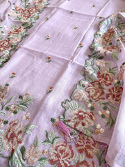 Lilac Suit Set with Cross - Stitch Embroidery in Pure Mul Chanderi - Masakalee