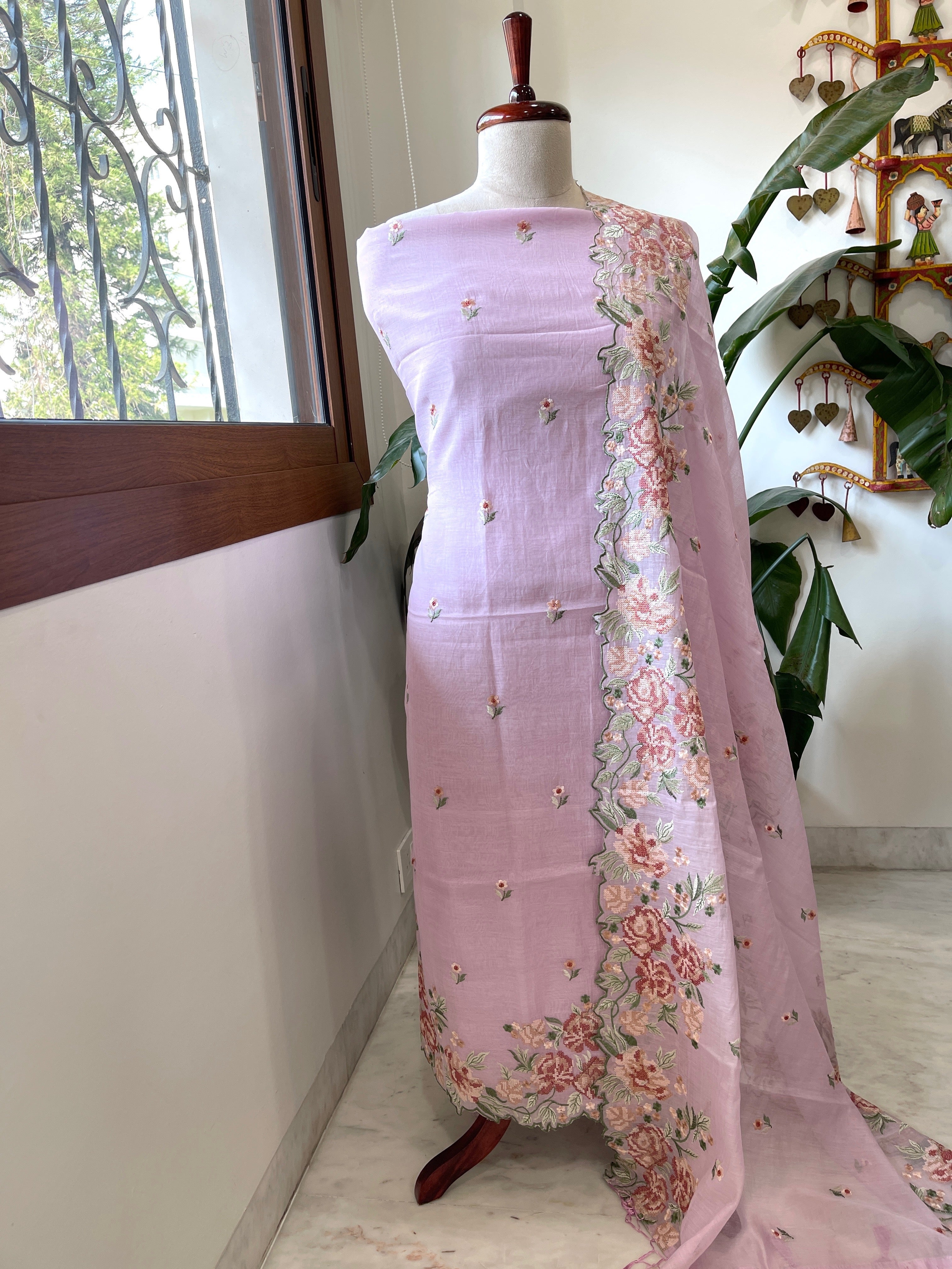 Lilac Suit Set with Cross - Stitch Embroidery in Pure Mul Chanderi - Masakalee