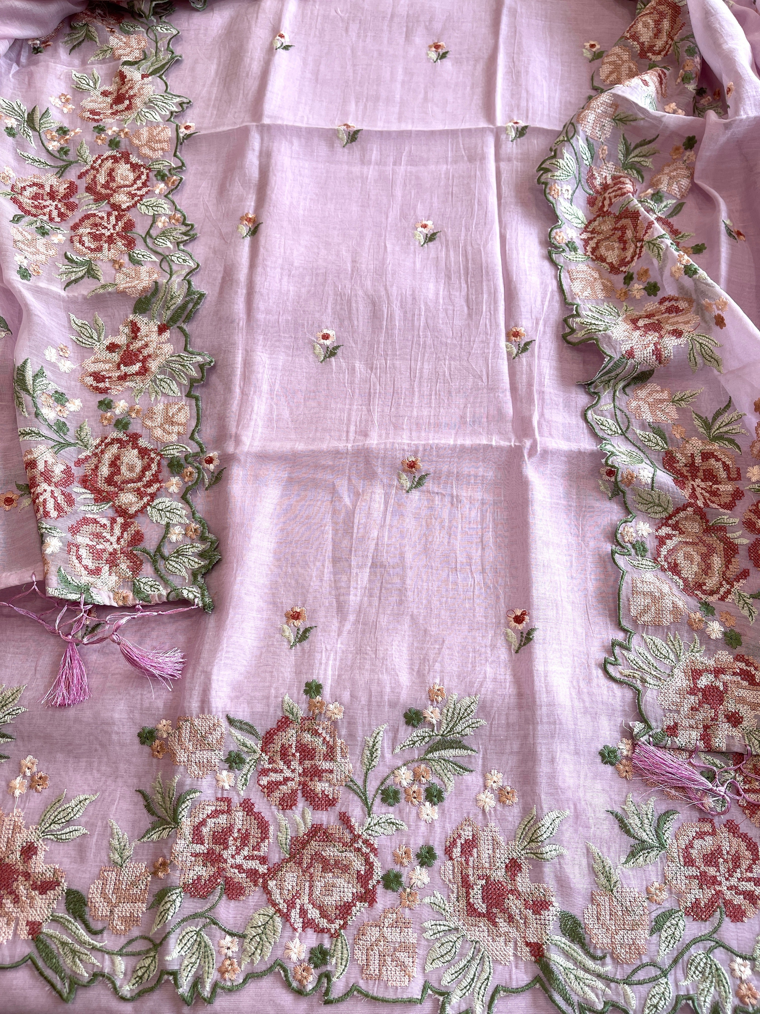Lilac Suit Set with Cross - Stitch Embroidery in Pure Mul Chanderi - Masakalee