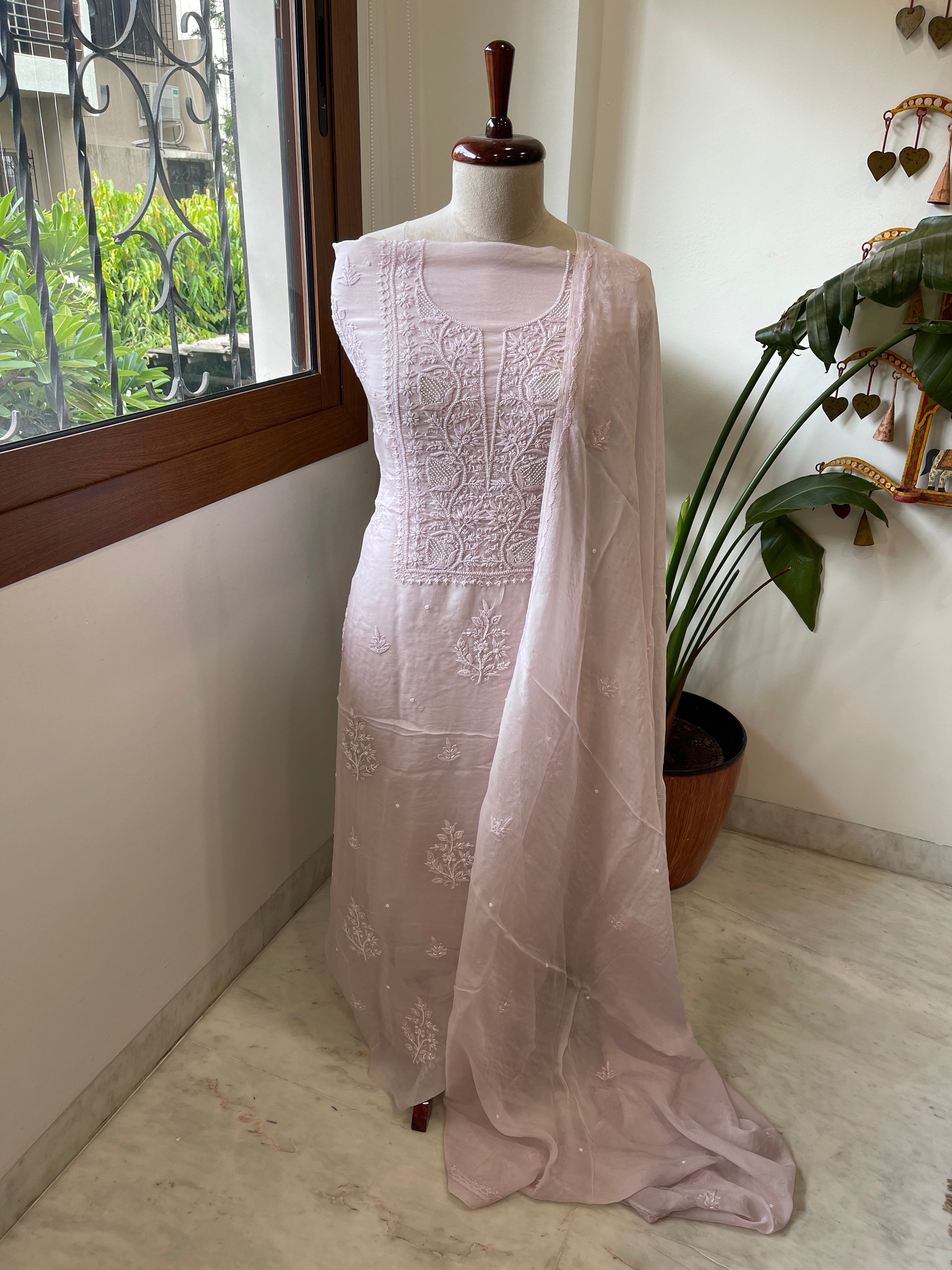 Lilac Suit Set with Lucknowi and Pearl Handwork in Organza Crepe - Masakalee