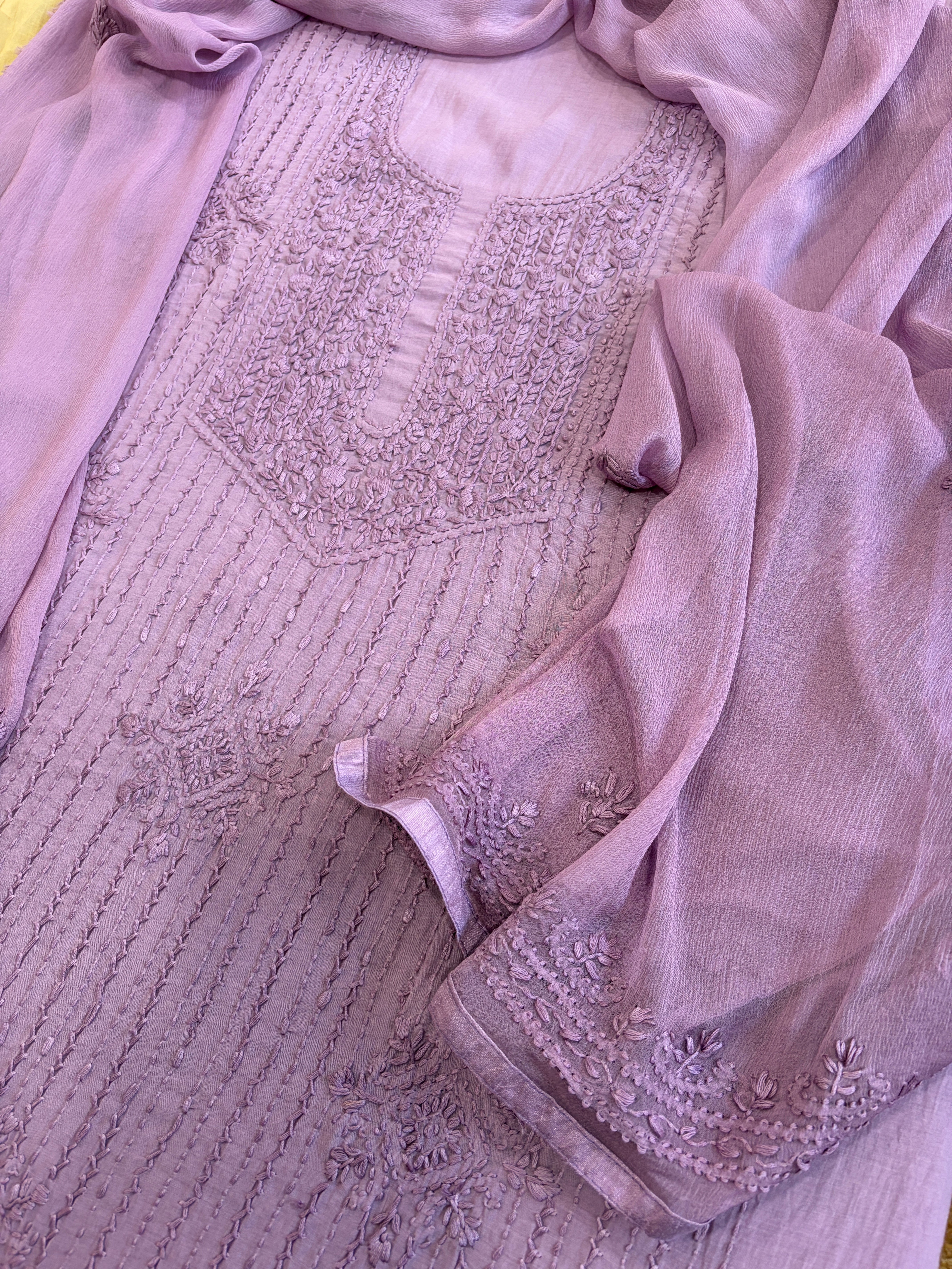 Lilac Suit Set with Lucknowi Handwork in Pure Mul Cotton - Masakalee