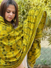 Lime Green Designer Phulkari Dupatta in Chinon - Masakalee