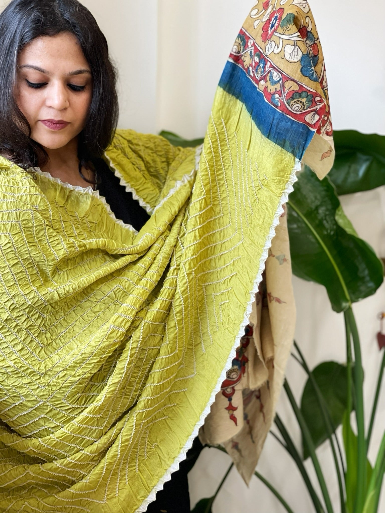 Lime Green Rai Bandhej Dupatta with Handpainted Kalamkari Pallu in Pure Muga Silk - Masakalee