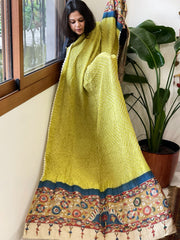 Lime Green Rai Bandhej Dupatta with Handpainted Kalamkari Pallu in Pure Muga Silk - Masakalee