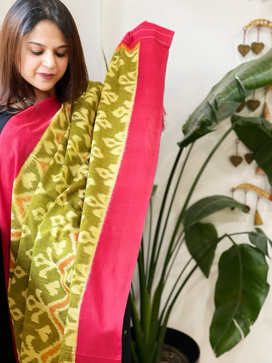 Lime Green, Red Handwoven Ikat Dupatta in Cotton - Masakalee