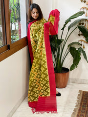 Lime Green, Red Handwoven Ikat Dupatta in Cotton - Masakalee