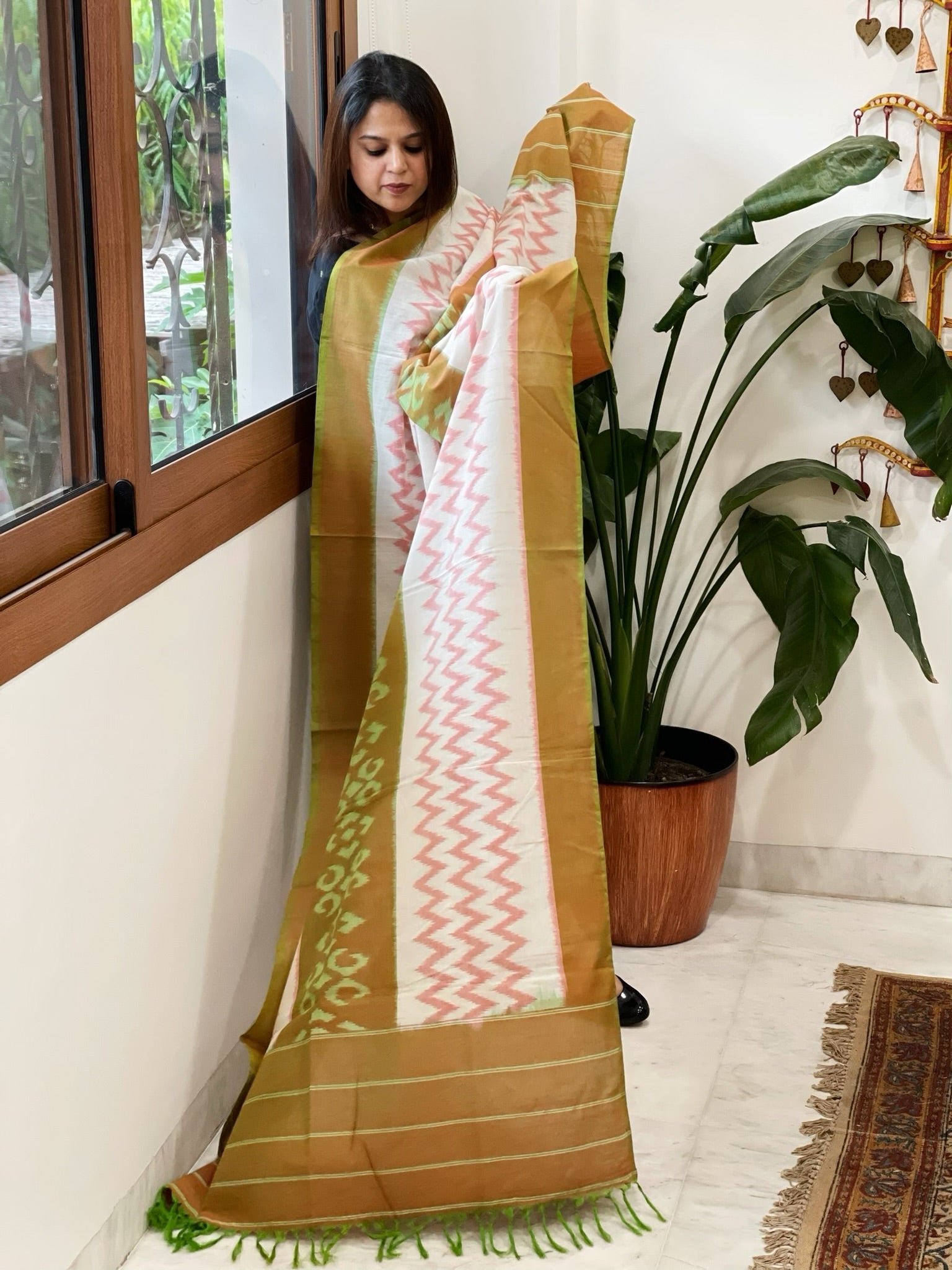 Lime Green, White Handwoven Ikat Dupatta in Cotton - Masakalee