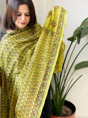 Lime Yellow Mul Cotton Handblock Printed Dupatta - Masakalee
