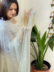 Lime Yellow Net Dupatta with Sequin and Pearl Embroidery - Masakalee