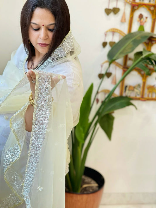 Lime Yellow Net Dupatta with Sequin and Pearl Embroidery - Masakalee