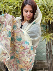 Lime Yellow Organza dupatta with Kantha Stitch Handwork - Masakalee