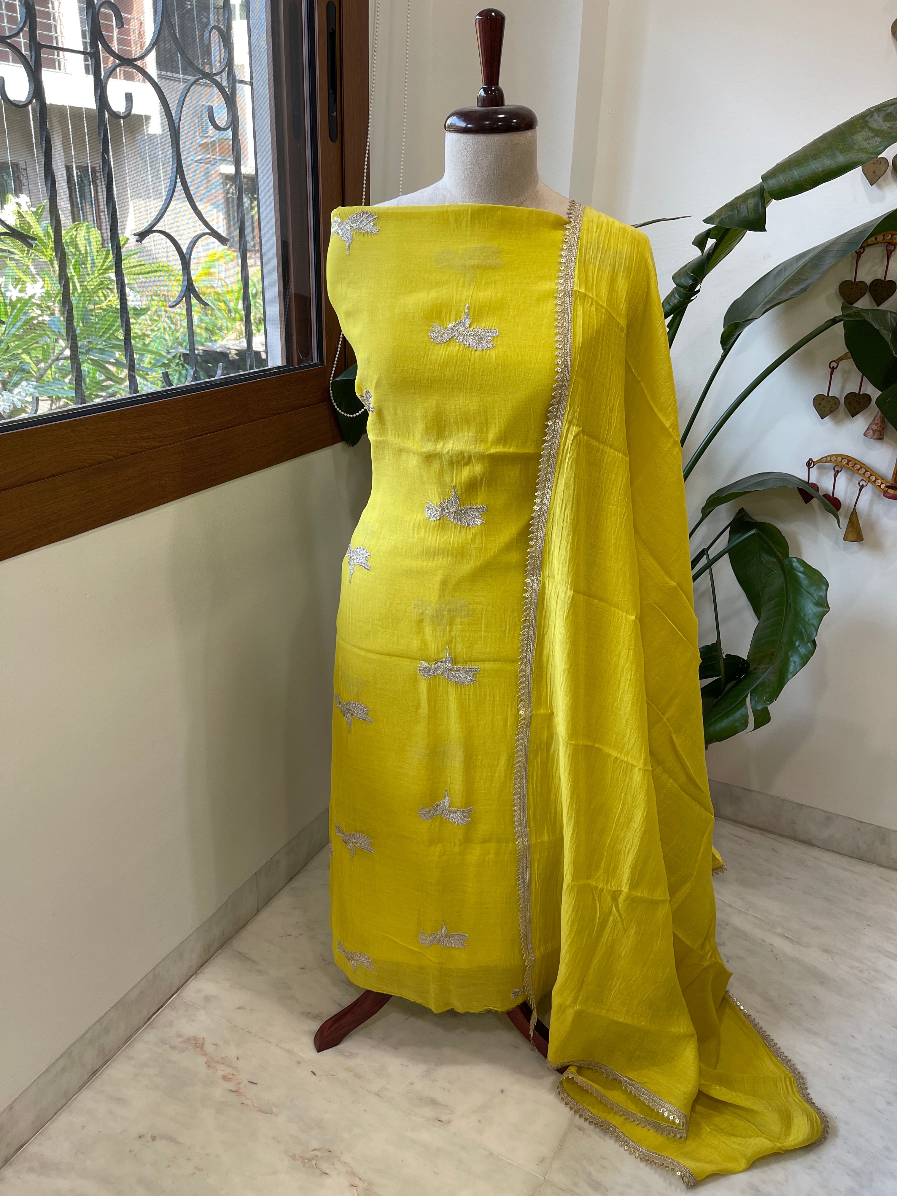 Lime Yellow Suit Set with Gold Thread & Sequin Work in Pure Mul - Masakalee
