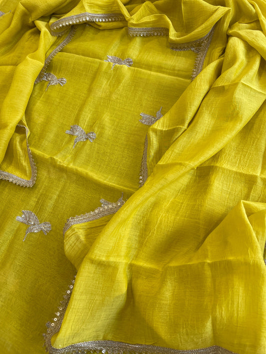 Lime Yellow Suit Set with Gold Thread & Sequin Work in Pure Mul - Masakalee
