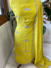 Lime Yellow Suit Set with Gold Thread & Sequin Work in Pure Mul - Masakalee