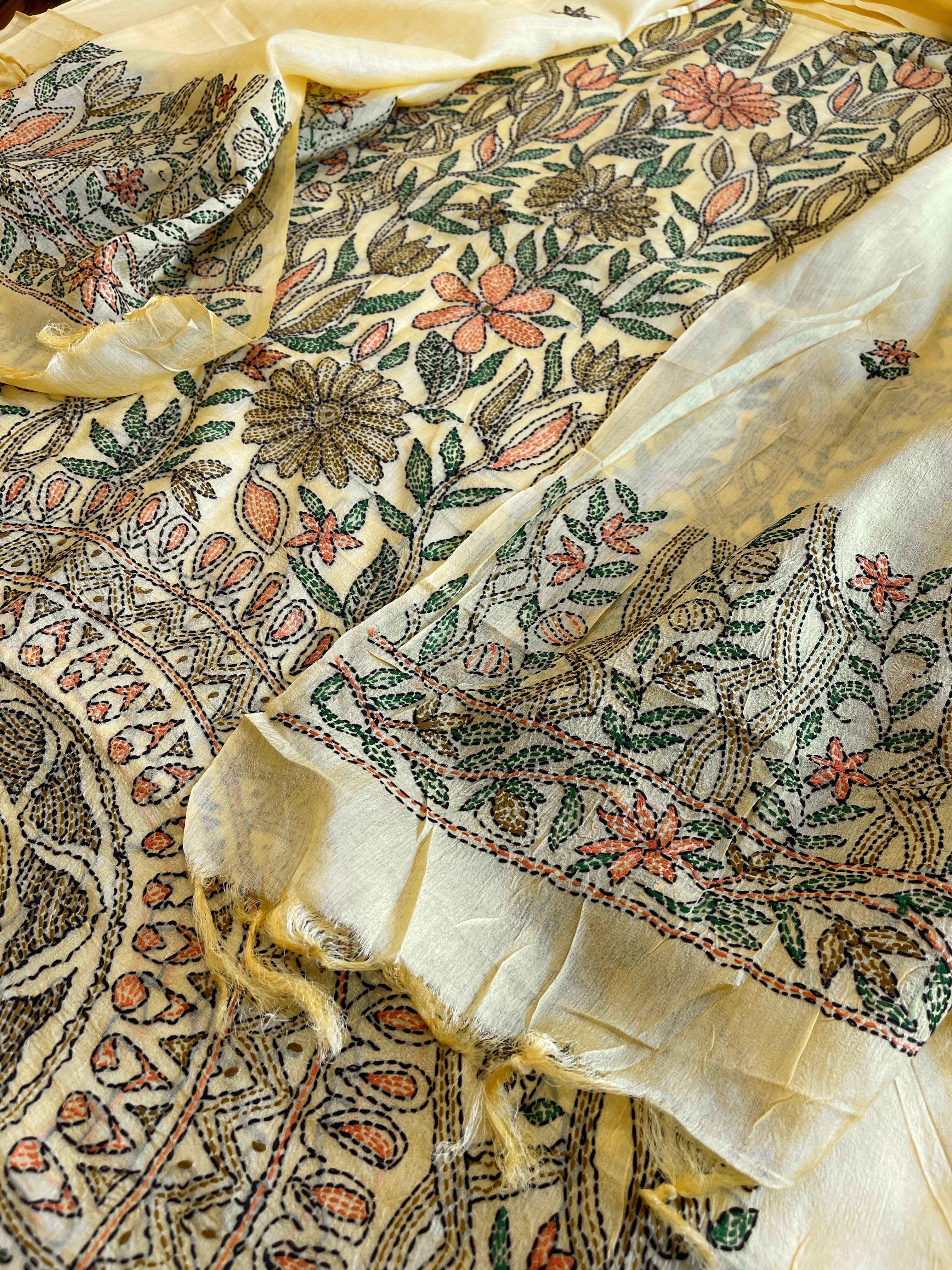 Lime Yellow Suit Set with Kantha Handwork in Pure Tussar Silk - Masakalee