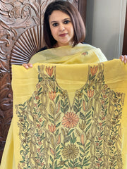 Lime Yellow Suit Set with Kantha Handwork in Pure Tussar Silk - Masakalee