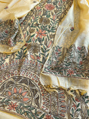 Lime Yellow Suit Set with Kantha Handwork in Pure Tussar Silk - Masakalee