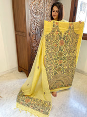 Lime Yellow Suit Set with Kantha Handwork in Pure Tussar Silk - Masakalee