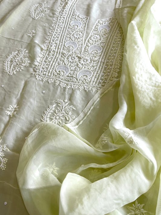 Lime Yellow Suit Set with Lucknowi and Pearl Handwork in Organza Crepe - Masakalee