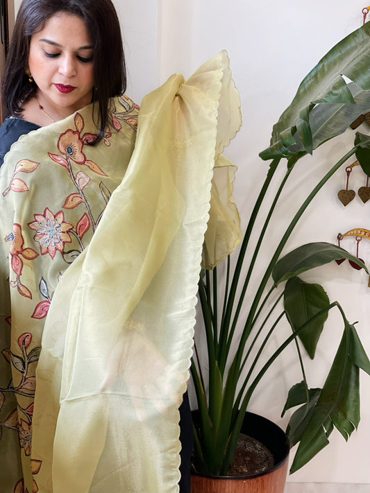 Lime Yellow Tissue Organza Dupatta with Handpainted Applique Work - Masakalee