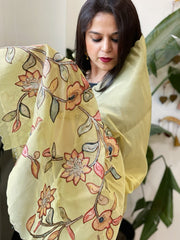 Lime Yellow Tissue Organza Dupatta with Handpainted Applique Work - Masakalee