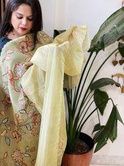 Lime Yellow Tissue Organza Dupatta with Handpainted Applique Work - Masakalee