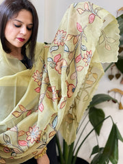 Lime Yellow Tissue Organza Dupatta with Handpainted Applique Work - Masakalee