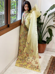 Lime Yellow Tissue Organza Dupatta with Handpainted Applique Work - Masakalee
