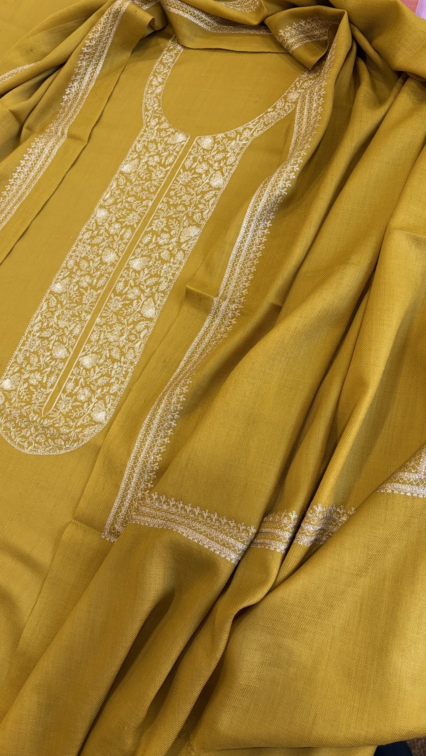 Lime Yellow Winter Suit Set with Aari Work in Pashmina Wool - Masakalee