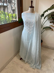 Lite Aqua Suit Set with Pearl, Cut Daana and Thread Handwork in Pure Mul Chanderi - Masakalee
